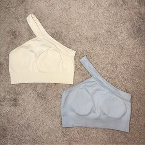 Women’s One-Shoulder Ribbed Bralette Pack of 2 - Cream & Light Blue Size: M